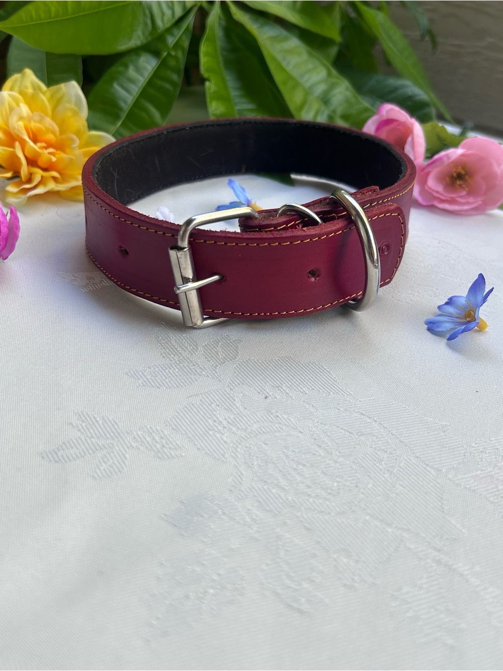 Leather Dog Collar Burgundy Red Adjustable 15-21" Durable Classic Handmade